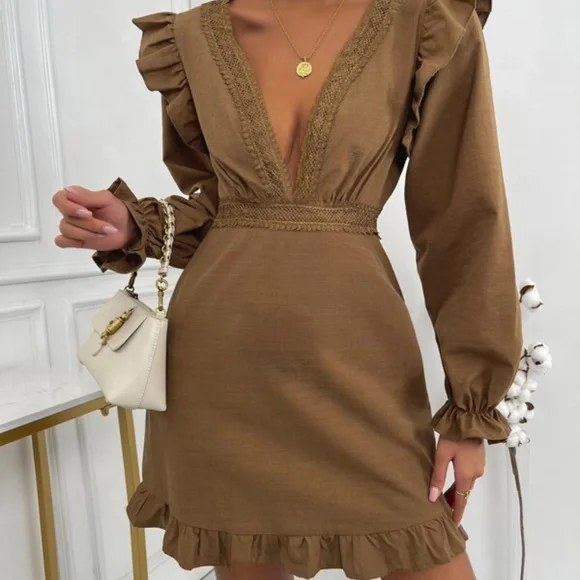 Classic Cream Plunging Neckline Lace Ruffle Sleeve Mini Dress - Picture 6 of 11
